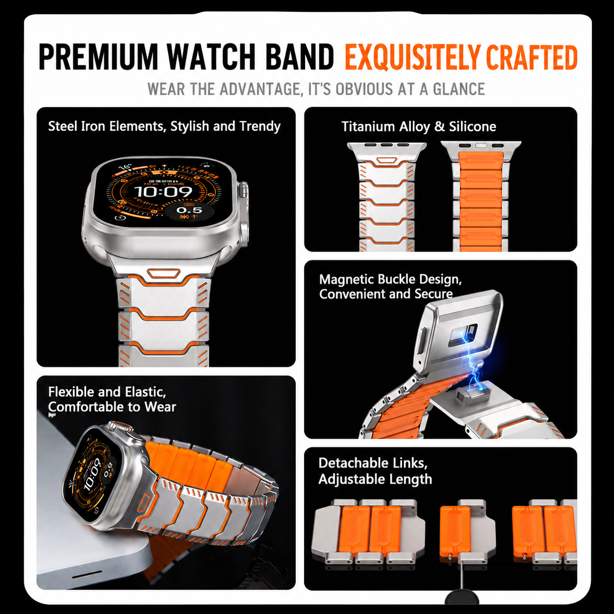 Silicone+Titanium Strap For Apple Watch 44/45/46/49mm